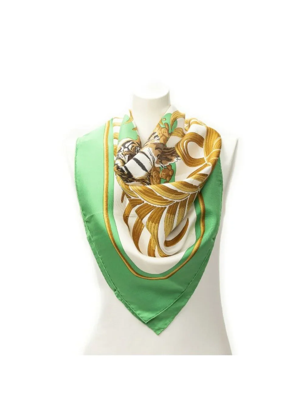 Hermes Scarf Green Gold White Silk